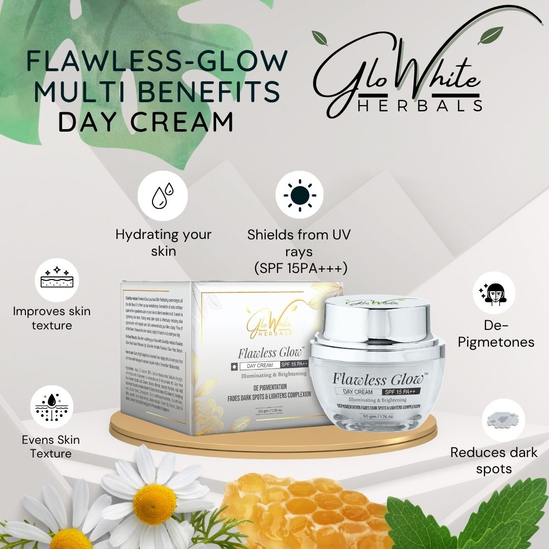 Flawless Glow multi benefits day cream SPF 15 PA+++ jar with product box