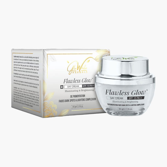 Flawless Glow day cream SPF 15 PA+++ jar and box, silver lid