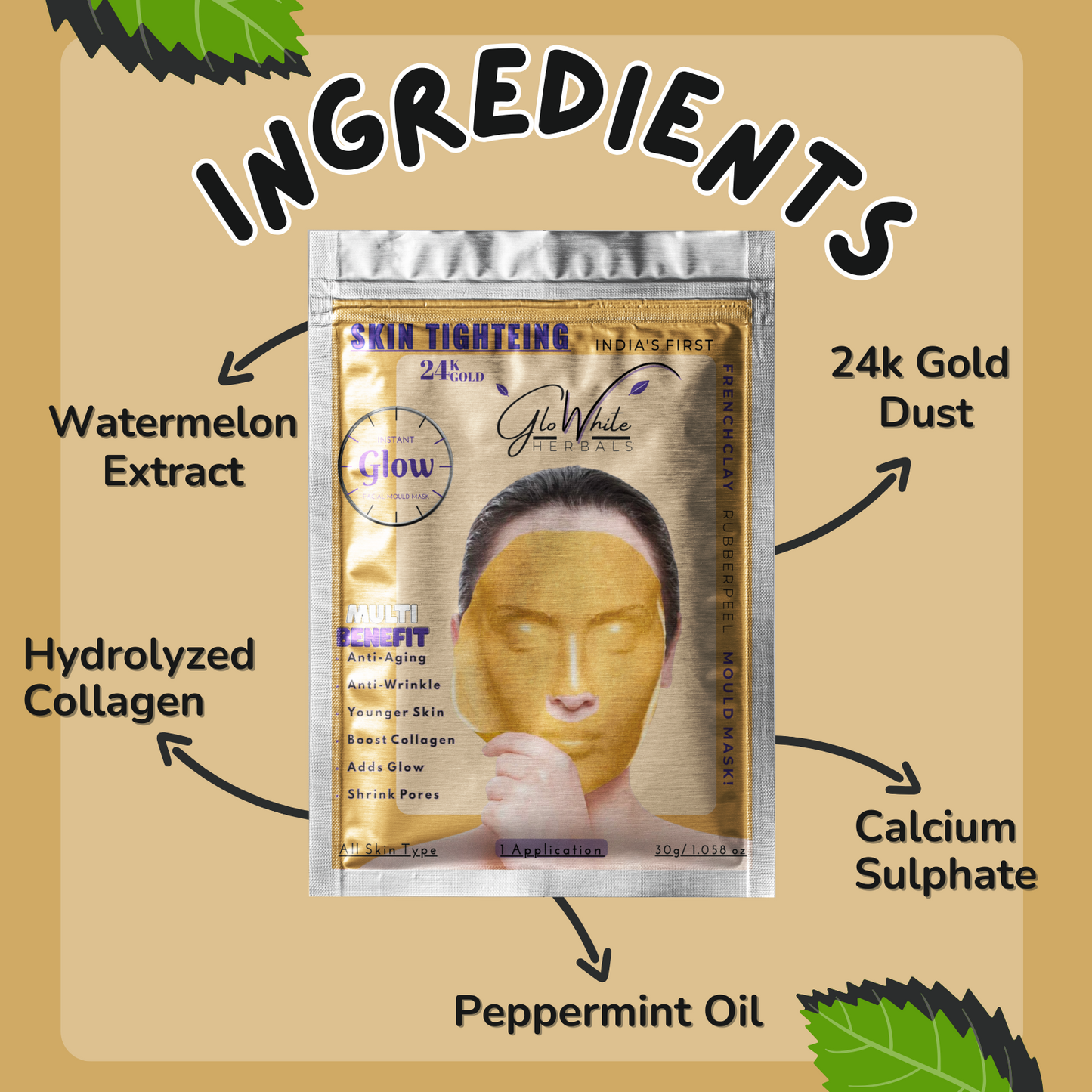 GloWhite Herbals Skin Tightening French Clay Mould Masks With 24k Gold Dust & Multi-Benefits