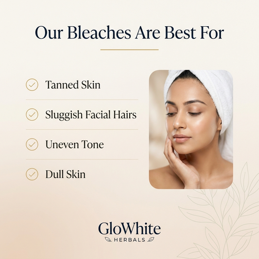 GloWhite Herbals bleach benefits graphic: best for tanned skin, sluggish facial hairs, uneven tone, dull skin, woman in towel