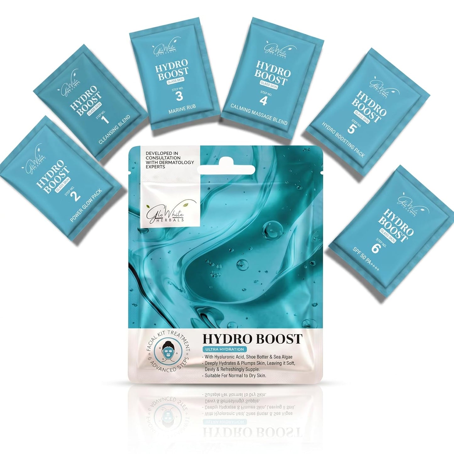 Hydra Boost Facial Kit – 6 Step Professional Salon Facial | With Hyaluronic Acid, Shea Butter & Sea Algae | Deep Hydration Facial for Dry & Dull Skin | Single Use Facial Kit