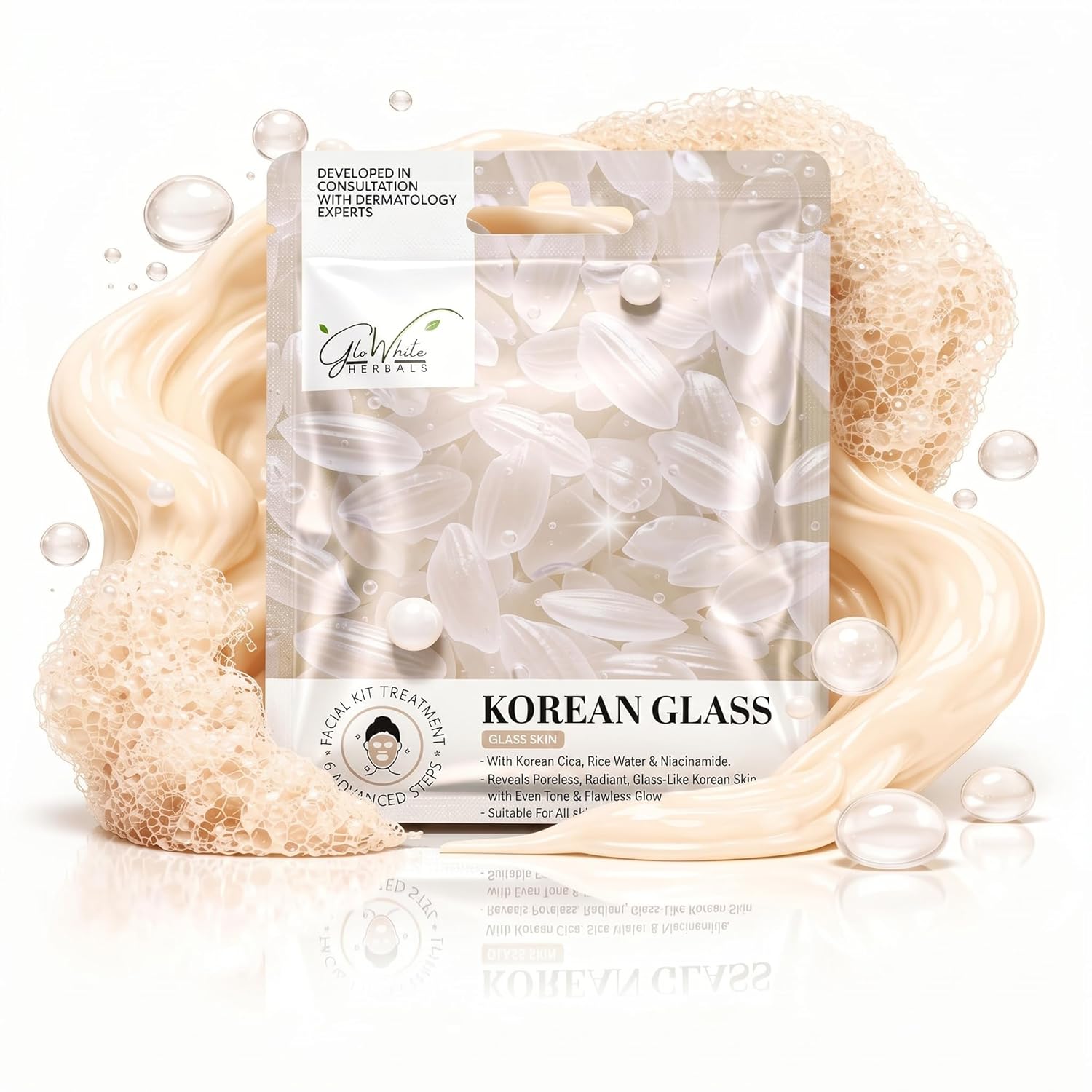 Korean Glass Skin Facial Kit sachet with cream foam and bubbles, glass skin branding