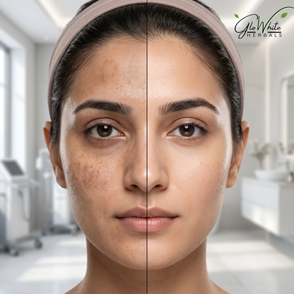 Before-and-after face close-up: pigmentation and dark spots on left, clear even skin on right, GloWhite Herbals