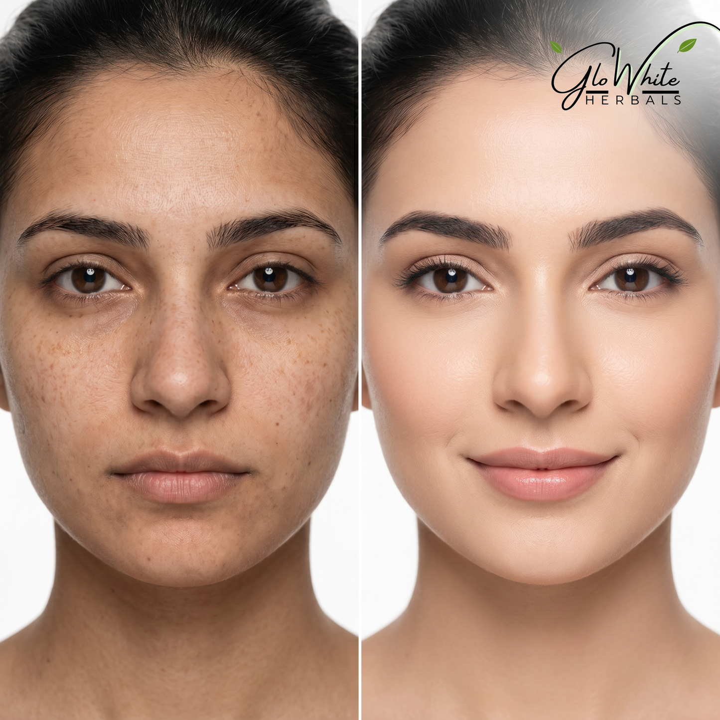 Before-and-after forehead close-up: freckles and pigmentation on left, smooth bright skin on right, GloWhite Herbals