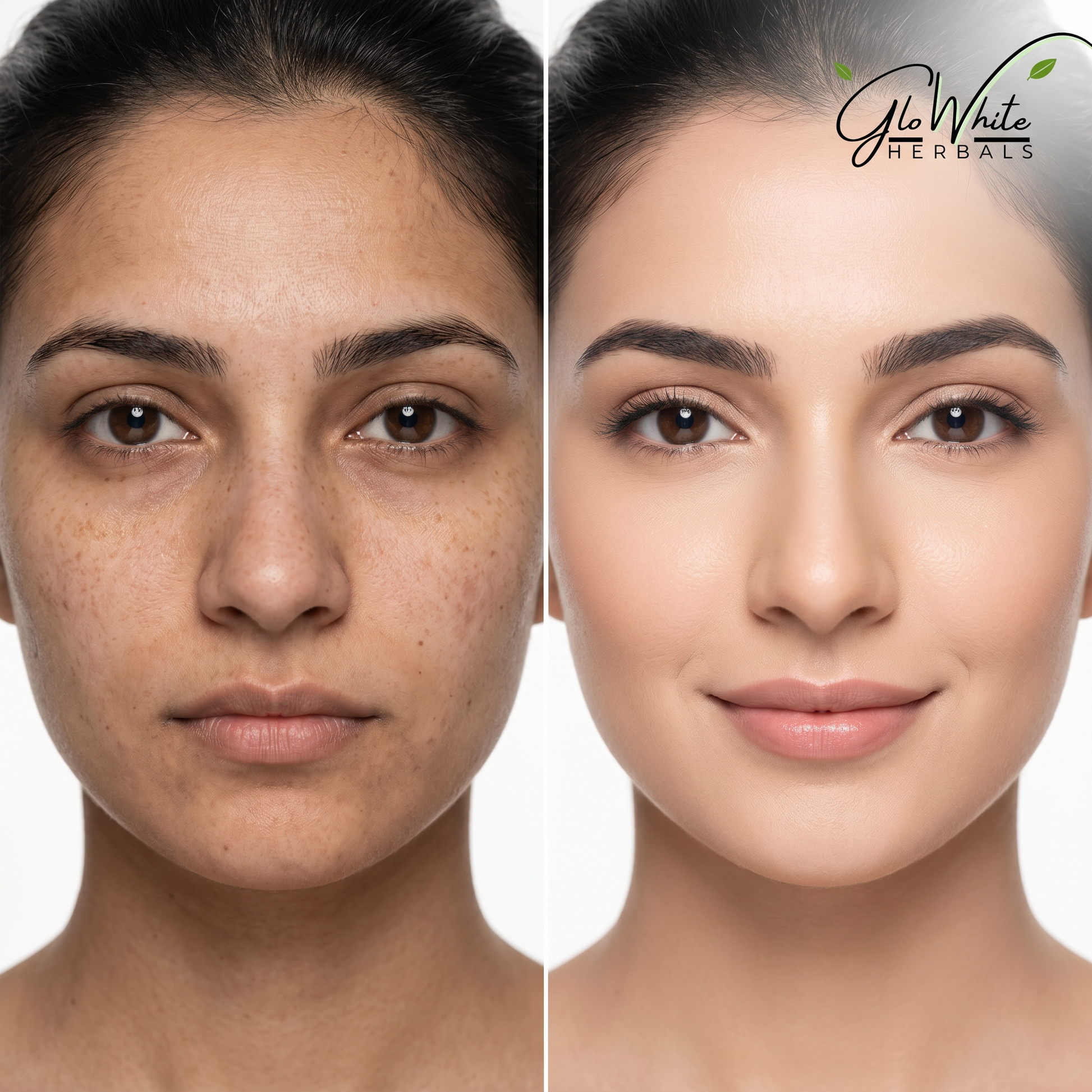 Before-and-after forehead close-up: freckles and pigmentation on left, smooth bright skin on right, GloWhite Herbals