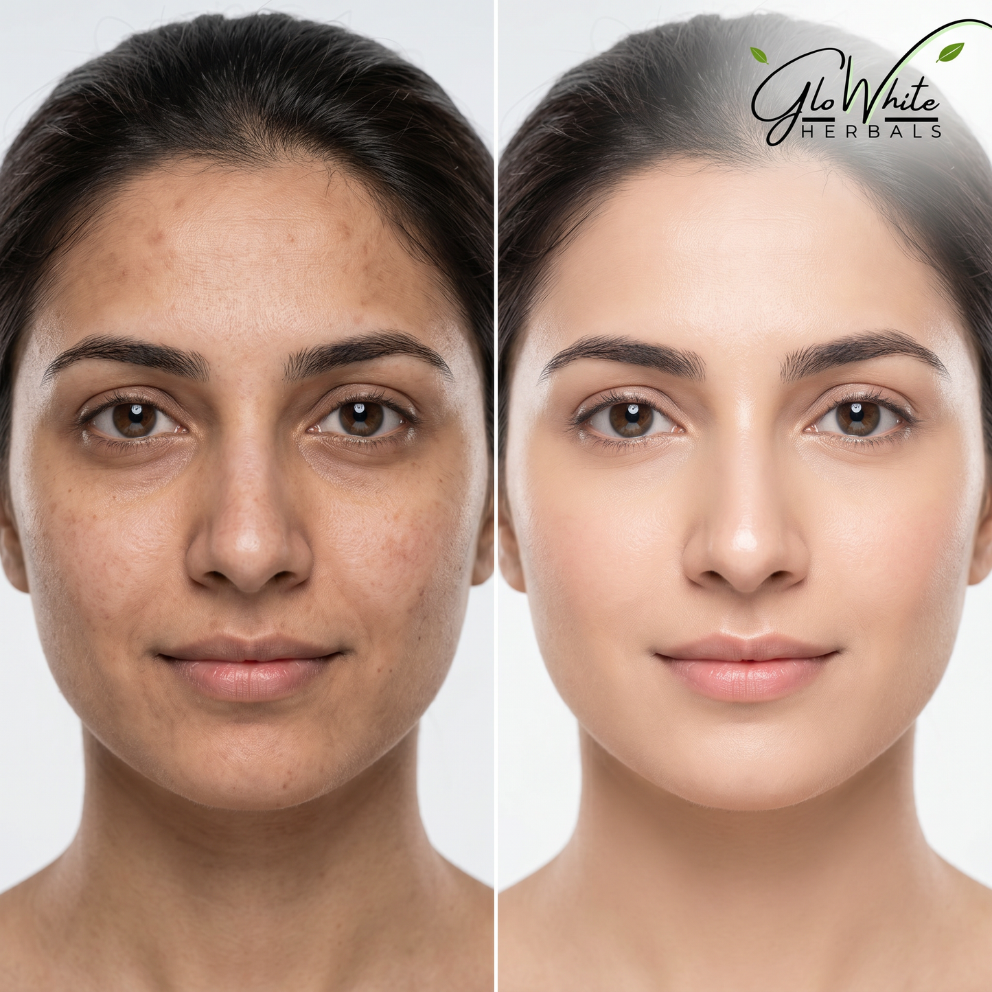 Before-and-after face close-up: acne marks and dark spots on left, smoother brighter even skin on right, GloWhite Herbals