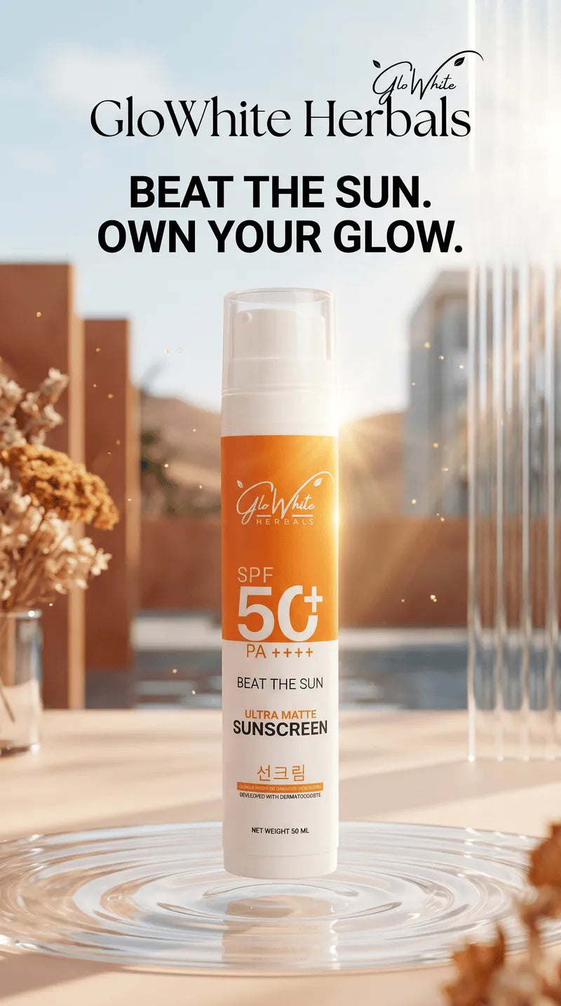 Ultra Matte Sunscreen SPF 50+ Flasche, orange-weißes Etikett, 50 ml