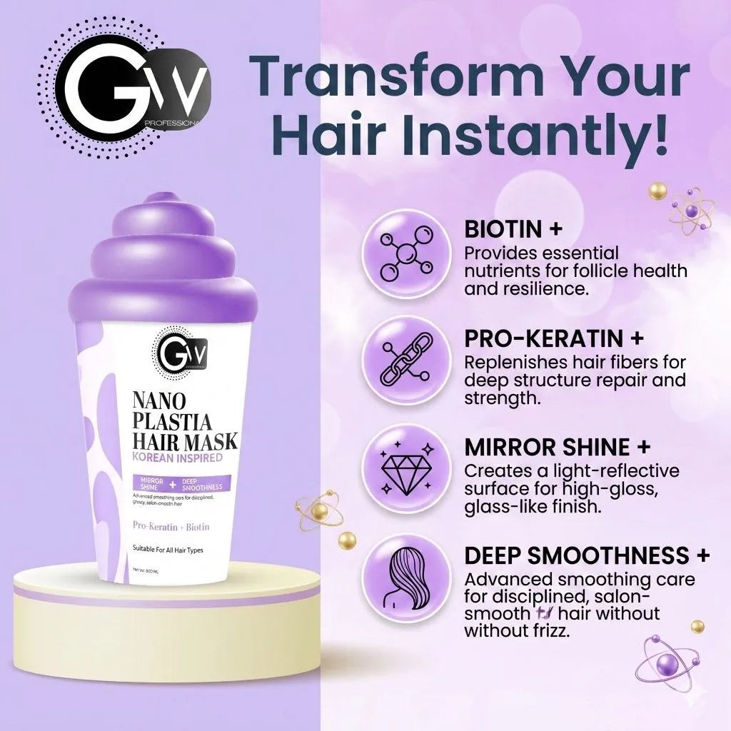 Nano Plastia Hair Mask bottle with purple lid; branding and Korean inspired text