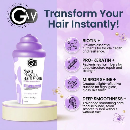 Nano Plastia Hair Mask bottle with purple lid; branding and Korean inspired text