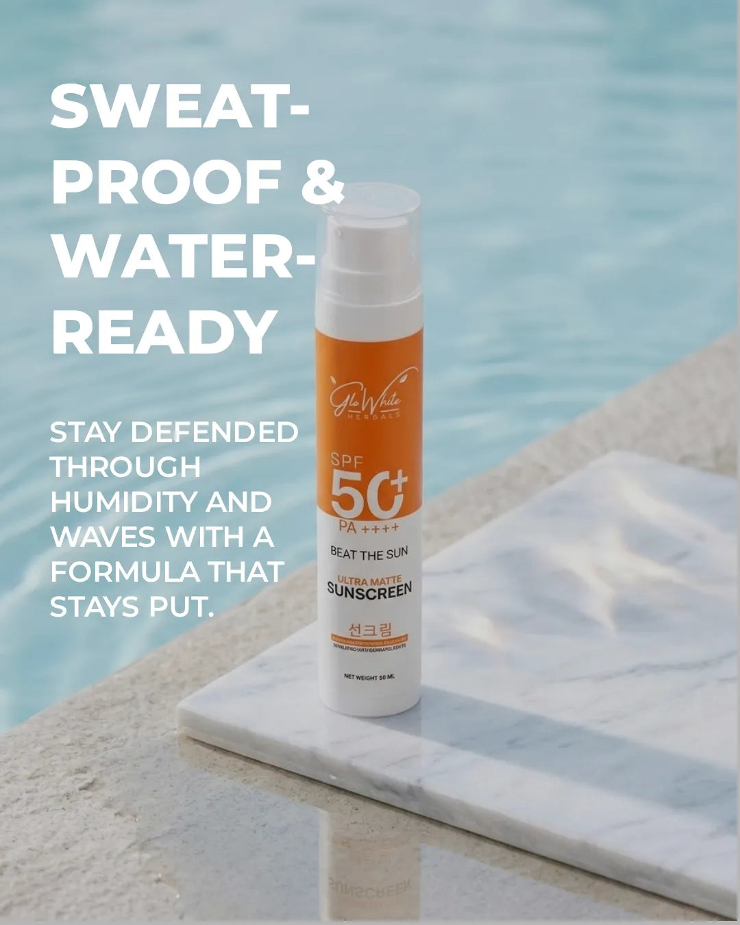 SPF 50+ Sunscreen Flasche, Sweat- & Wasser-Ready, bleibt an Ort