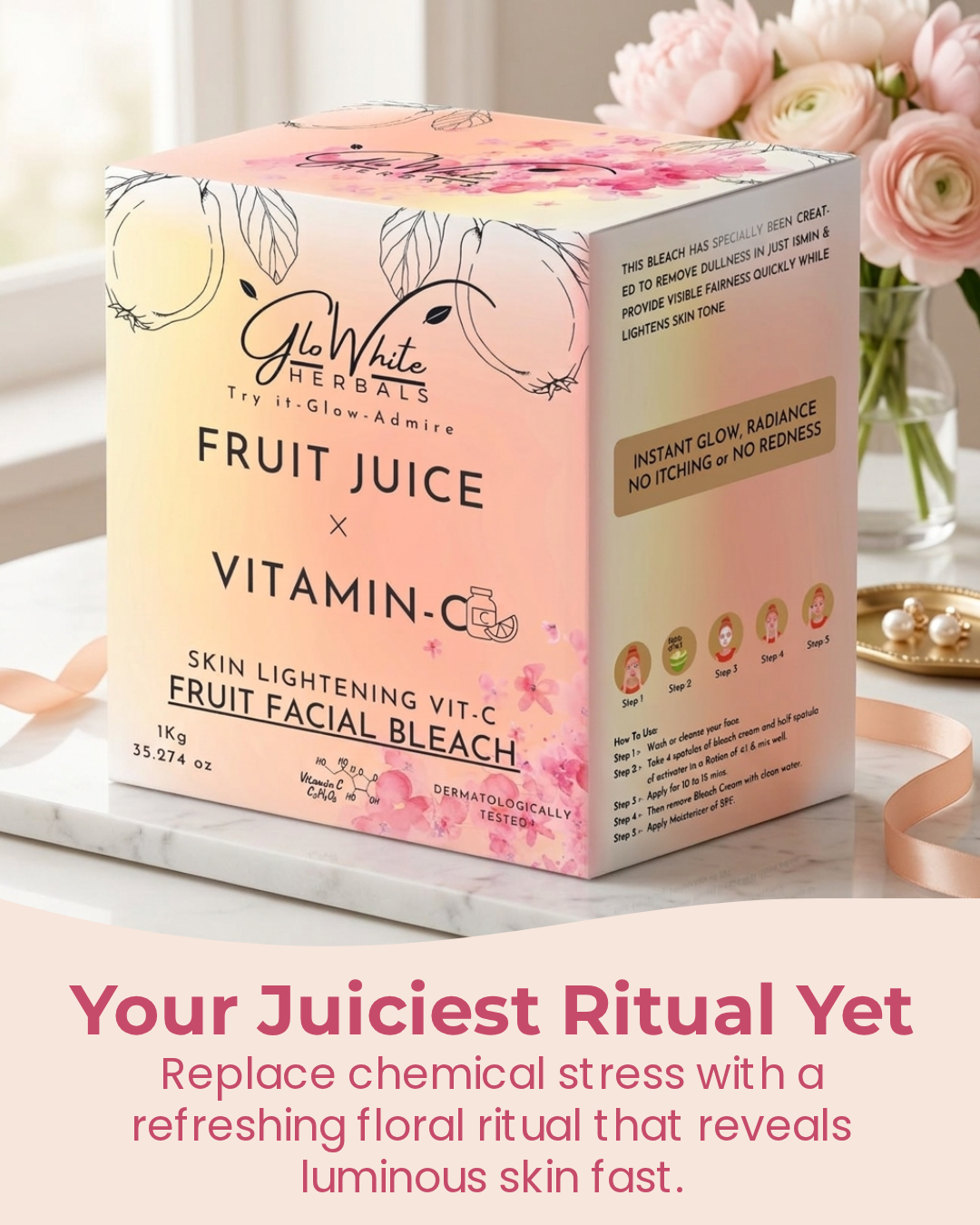 Vitamin-C Fruit Bleach 1kg box with pink peonies, your juiciest ritual yet headline