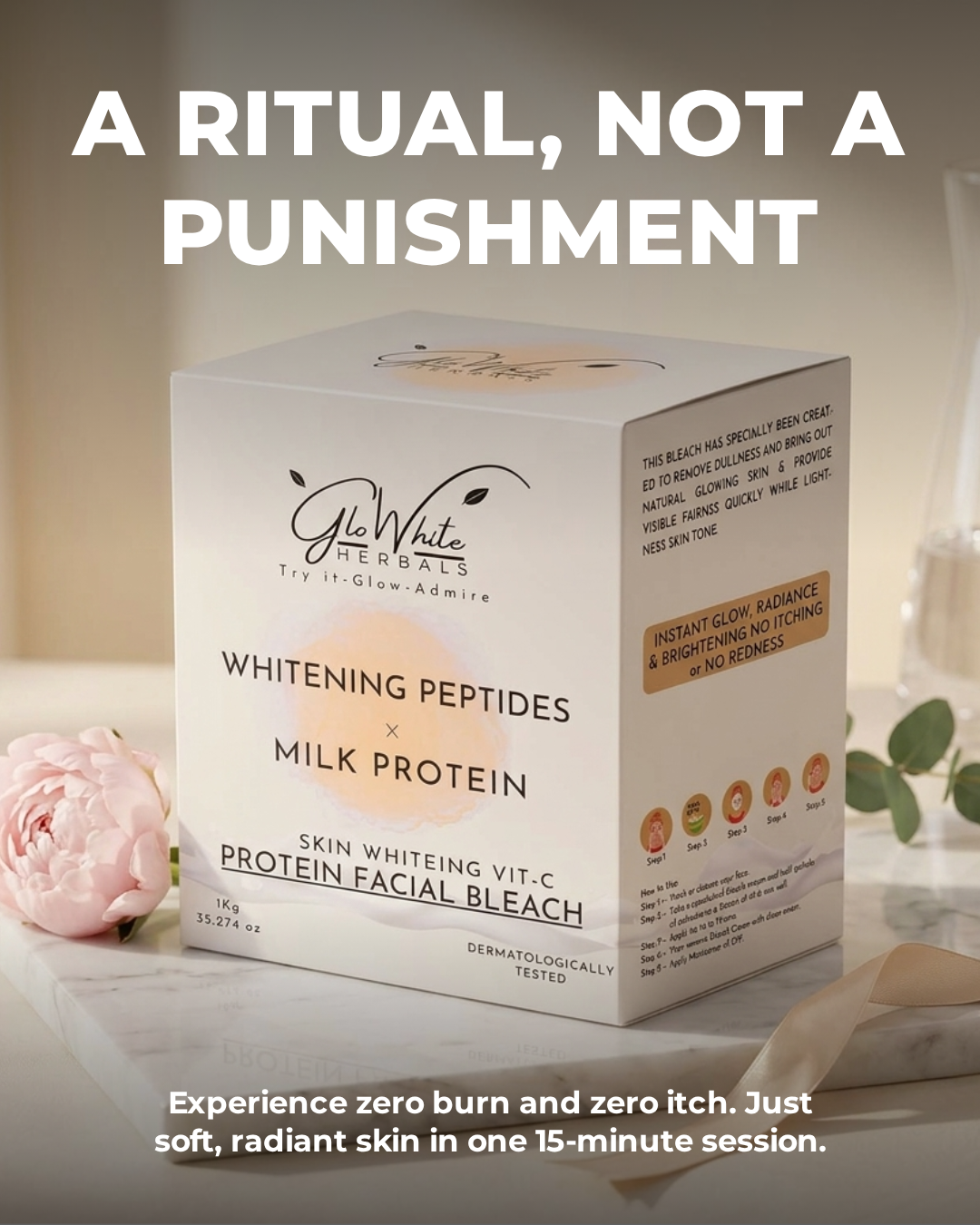 Whitening Peptides & Milk Protein Facial Bleach 1kg box with pink peony, a ritual not a punishment headline