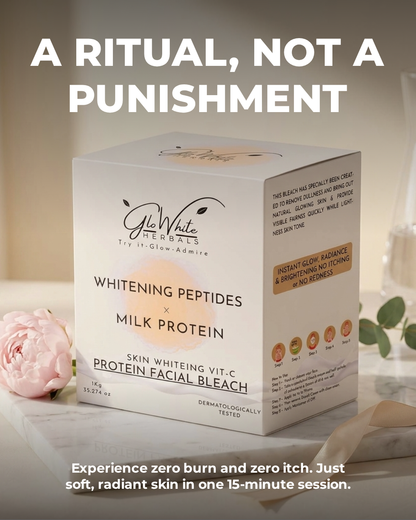 Whitening Peptides & Milk Protein Facial Bleach 1kg box with pink peony, a ritual not a punishment headline