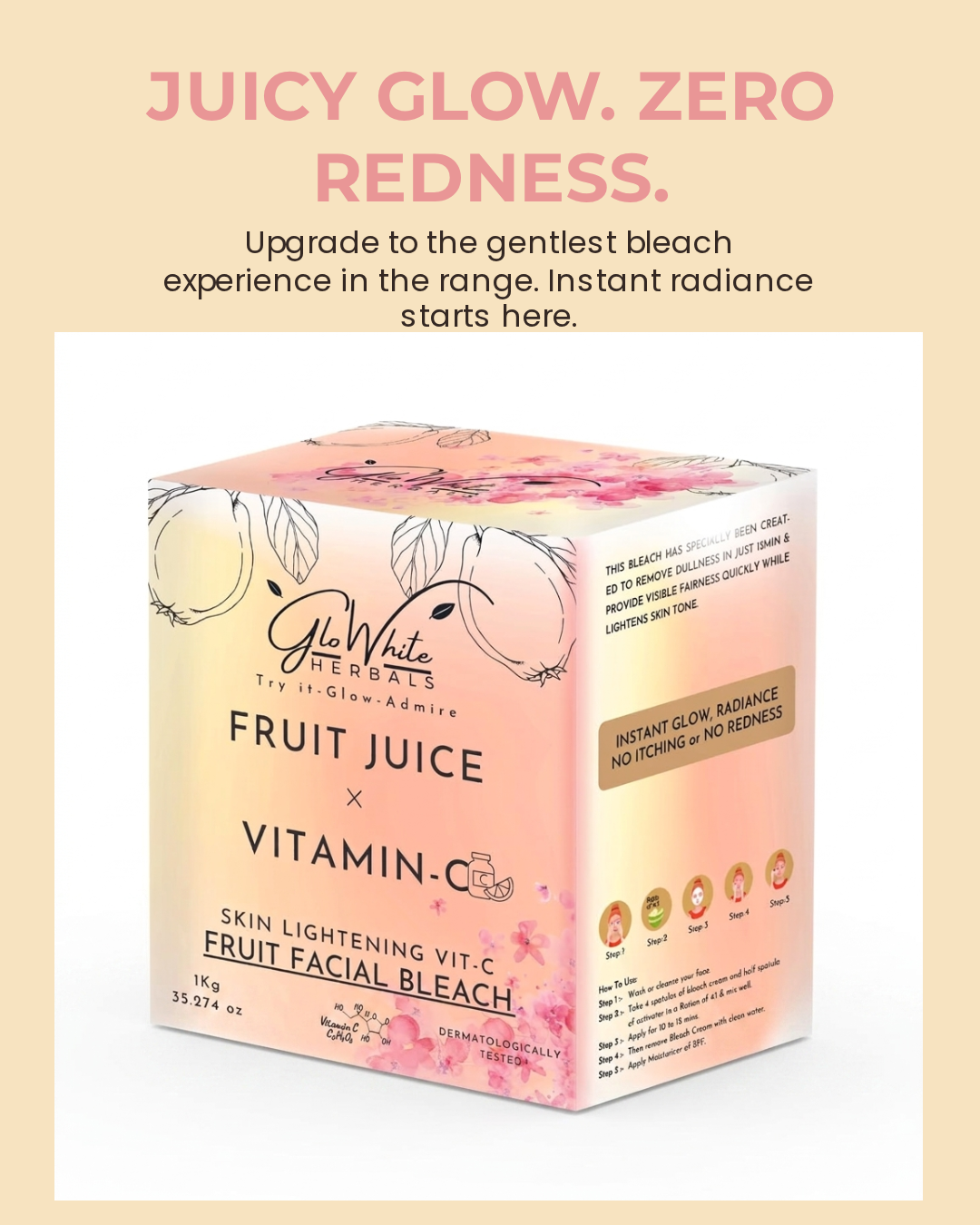 Vitamin-C Fruit Bleach 1kg box, juicy glow zero redness headline