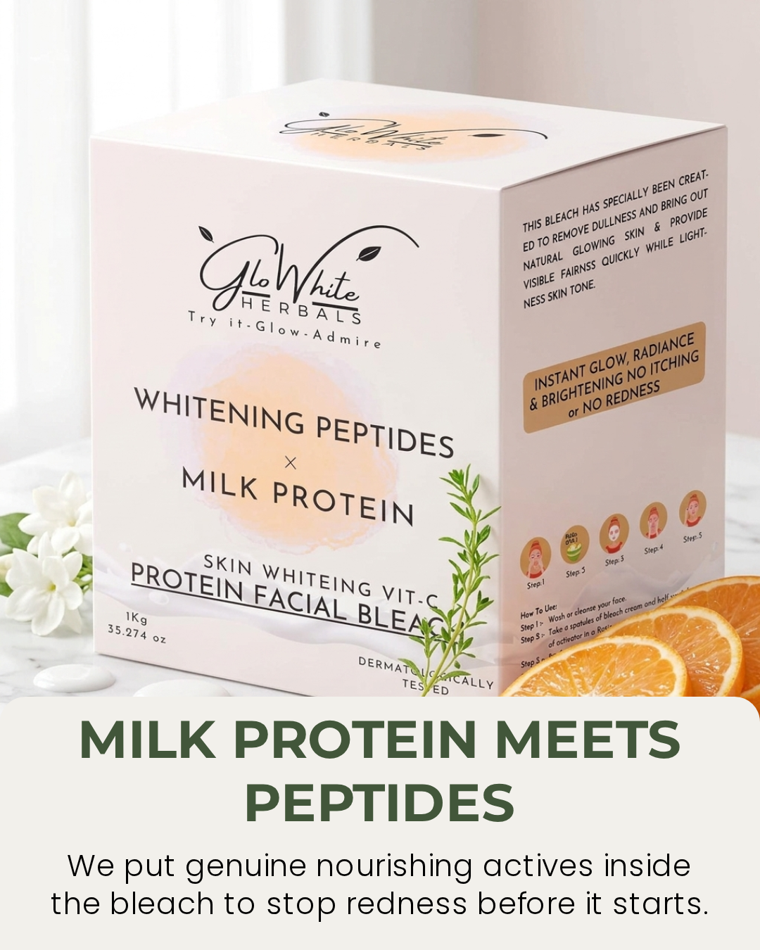 Whitening Peptides & Milk Protein Facial Bleach 1kg box with orange slices and jasmine flowers, milk protein meets peptides headline