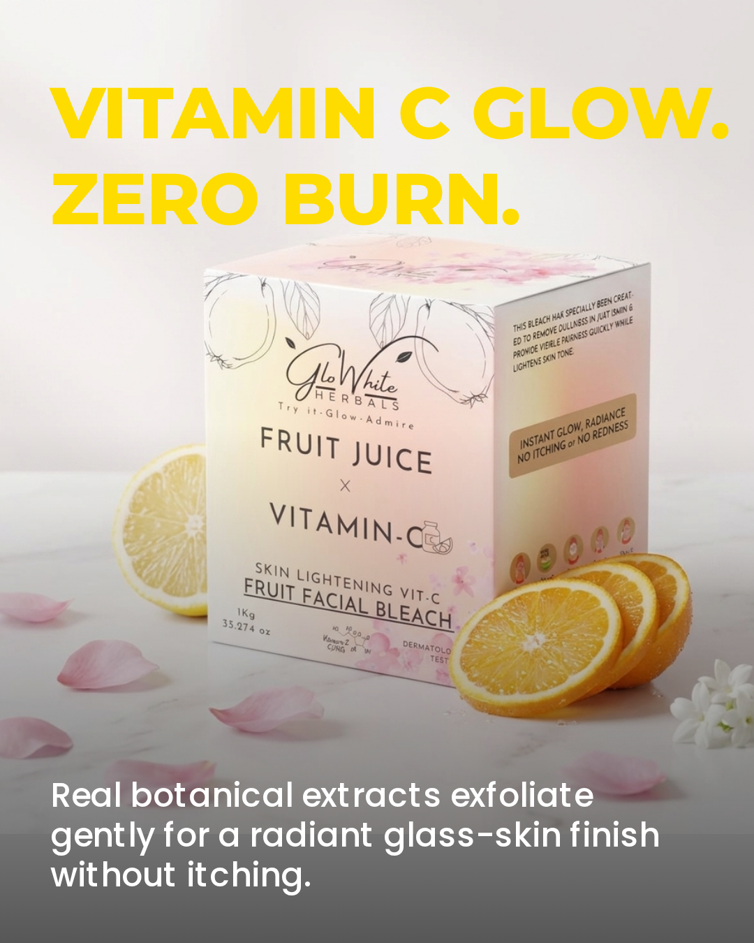 Vitamin-C Fruit Bleach 1kg box with fresh lemon and orange slices, Vitamin C glow zero burn headline