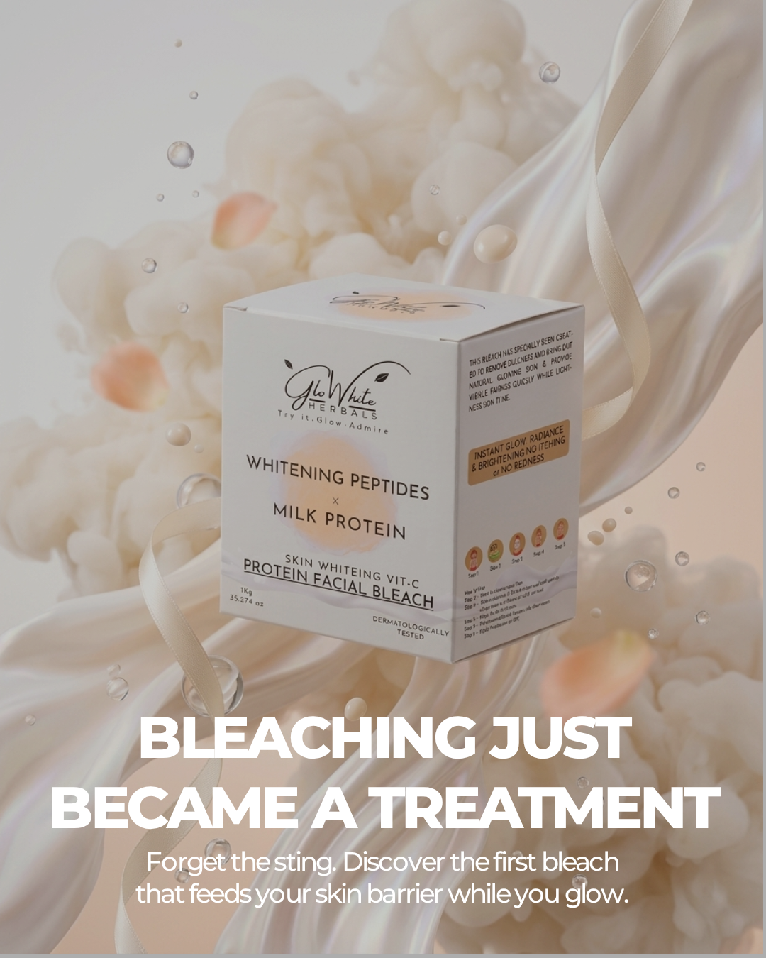 Whitening Peptides & Milk Protein Facial Bleach 1kg box amid milky swirl backdrop, bleaching became a treatment headline