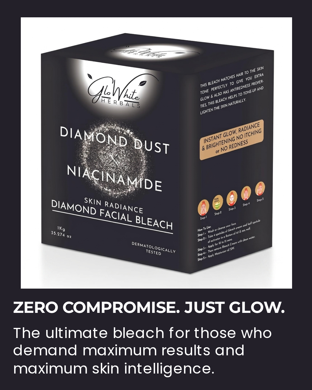 GloWhite Herbals Advance Diamond Bleach For Face | 1st Dermatologically Tested No-Itching Gentle Bleach For men and women | Enriched With Diamond Dust & Niacinamide | 1kg