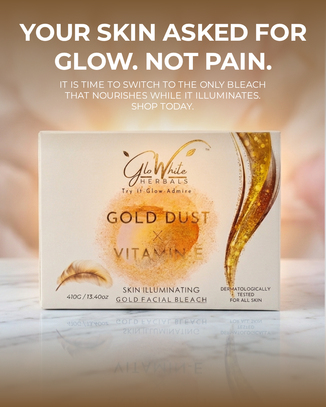 GloWhite Herbals Gold Bleach for Face & Body for Women | Instant Radiance & Glow | No-Itching & No-Redness Unisex Formula | for All Skin Types | 410g