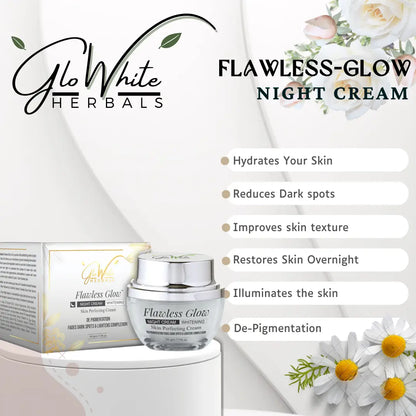 Flawless Glow night cream jar and box, features: improves texture and restores overnight