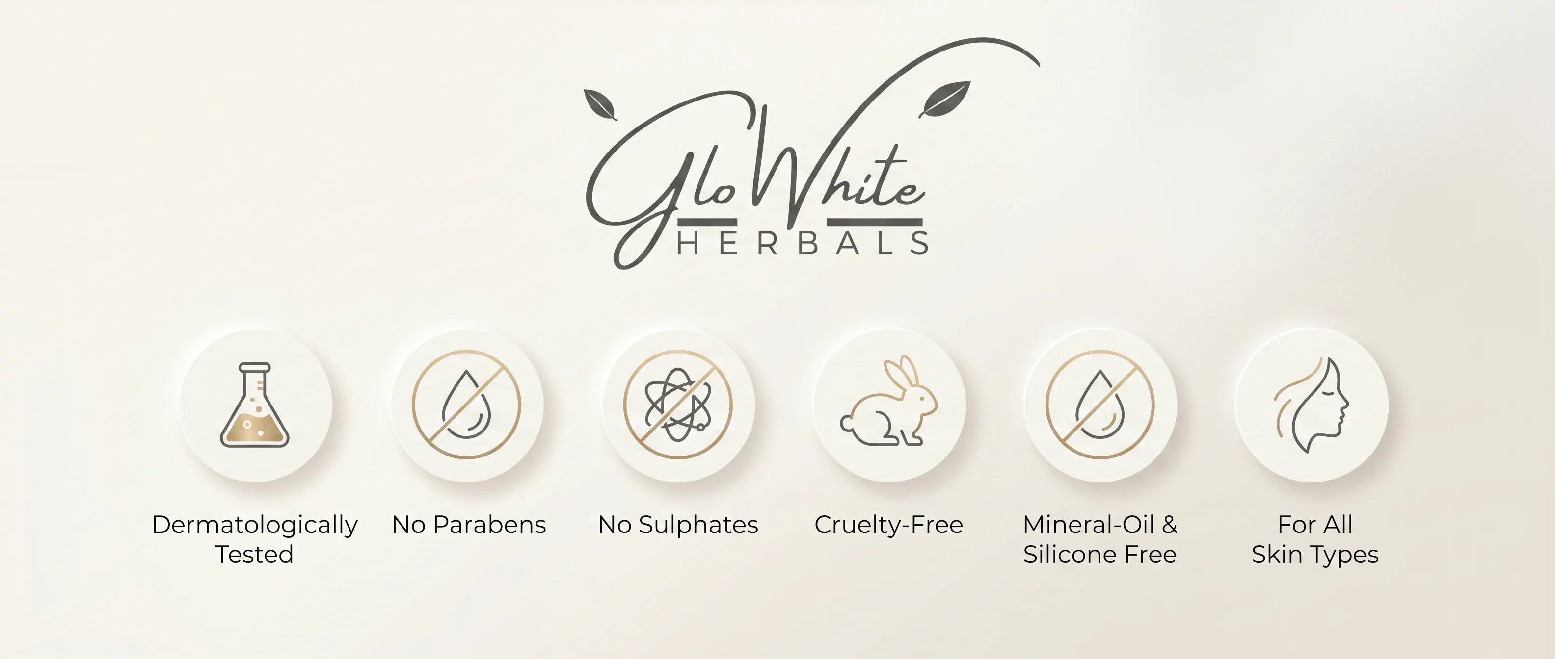 GloWhite Herbals trust badges - dermatologically tested, no parabens, no sulphates, cruelty-free, mineral-oil and silicone free, for all skin types
