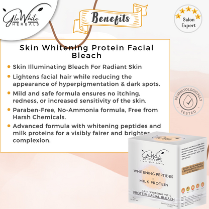 Skin whitening protein facial bleach benefits panel with product box (1kg).